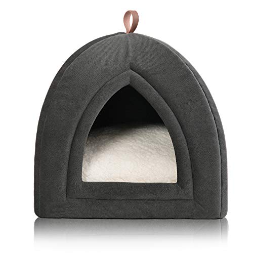 Bedsure Pet Tent Cave Bed for Cats/Small Dogs - 15x15x15 inches 2-in-1 Cat Tent/Kitten Bed/Cat Hut with Removable Washable Cushioned Pillow - Microfiber Indoor Outdoor Pet Beds, Dark Grey