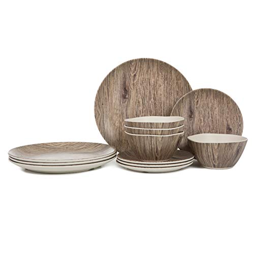 Melamine Dinnerware Set - 12pcs Plates and Bowls Set Outdoor Camping Dishes Set for 4, Dishwasher Safe, Wood Grain