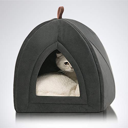 Bedsure Pet Tent Cave Bed for Cats/Small Dogs - 15x15x15 inches 2-in-1 Cat Tent/Kitten Bed/Cat Hut with Removable Washable Cushioned Pillow - Microfiber Indoor Outdoor Pet Beds, Dark Grey