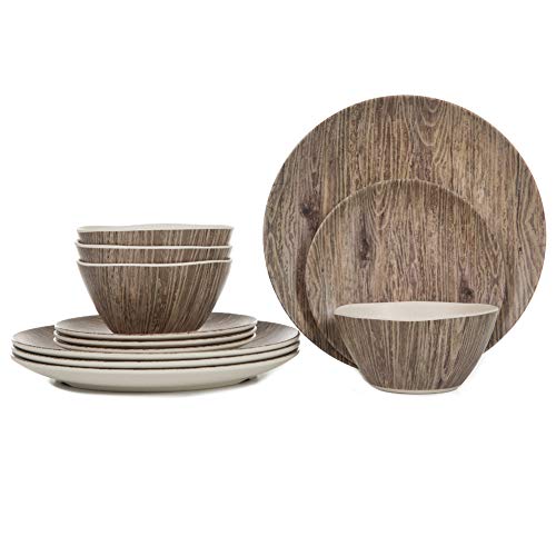 Melamine Dinnerware Sets - 12pcs Melamine Plates and Bowls Set for Indoor Outdoor Use, Dishes Set for 4, Dishwasher Safe, Wood