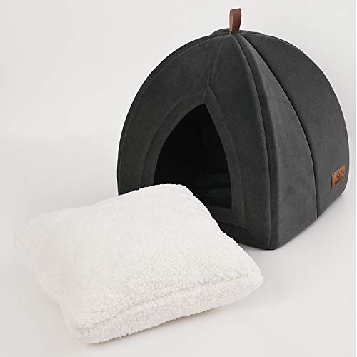 Bedsure Pet Tent Cave Bed for Cats/Small Dogs - 15x15x15 inches 2-in-1 Cat Tent/Kitten Bed/Cat Hut with Removable Washable Cushioned Pillow - Microfiber Indoor Outdoor Pet Beds, Dark Grey