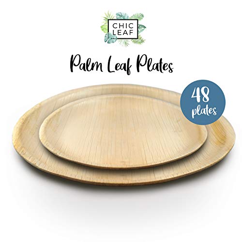 Chic Leaf Palm Leaf Plates Disposable Bamboo Plates Like 10 Inch & 7 Inch Round Party Pack (48 pk) Compostable and Biodegradable - Better than Plastic, Paper and Wood Plates