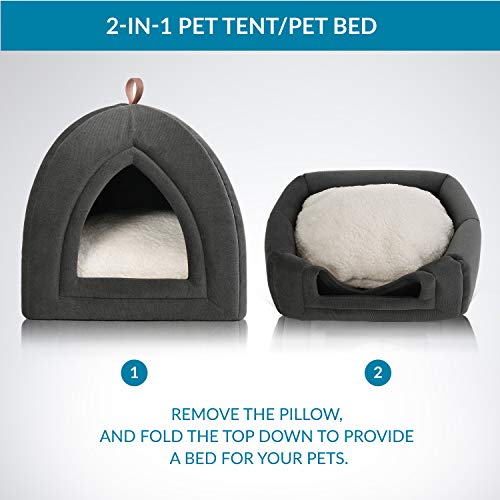 Bedsure Pet Tent Cave Bed for Cats/Small Dogs - 15x15x15 inches 2-in-1 Cat Tent/Kitten Bed/Cat Hut with Removable Washable Cushioned Pillow - Microfiber Indoor Outdoor Pet Beds, Dark Grey