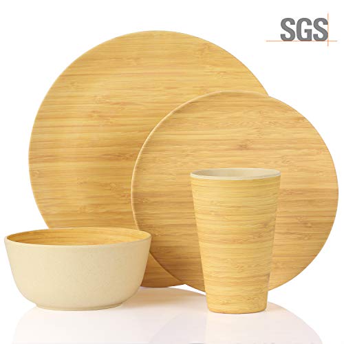 Bamboo Dinnerware Set, Morgiana 4-Pieces Reusable Tableware Set Bamboo Fiber Plates, Cup, Bowl