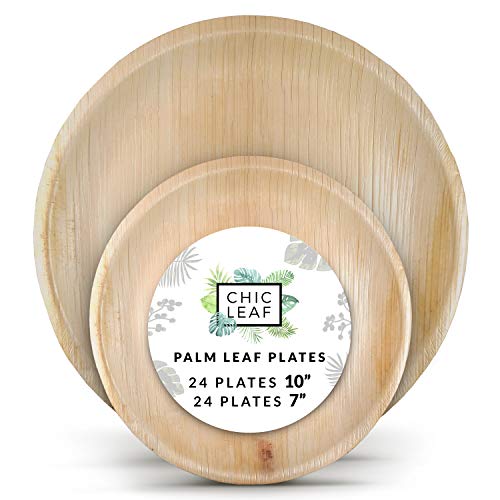 Chic Leaf Palm Leaf Plates Disposable Bamboo Plates Like 10 Inch & 7 Inch Round Party Pack (48 pk) Compostable and Biodegradable - Better than Plastic, Paper and Wood Plates