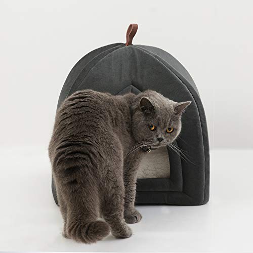 Bedsure Pet Tent Cave Bed for Cats/Small Dogs - 15x15x15 inches 2-in-1 Cat Tent/Kitten Bed/Cat Hut with Removable Washable Cushioned Pillow - Microfiber Indoor Outdoor Pet Beds, Dark Grey