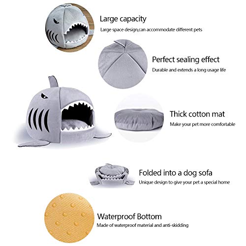 TORDES Dog Bed Washable Shark Cat Bed Covered Cave House for Small Pets up to 12lbs with Removable Cushion and Water Resistant Bottom