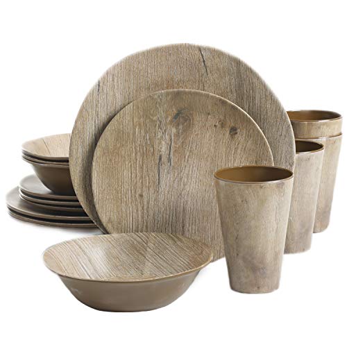 Gibson Home Woodlands Round Melamine Dinnerware Set, Service for Four (16pcs), Wood