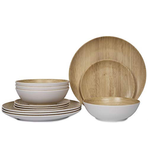 Melamine Dinnerware Set - 12pcs dinnerware set Indoor and Outdoor use, Bamboo Pattern Dishes Dinnerware Set for 4,Dishwasher Safe (Wood Grain)