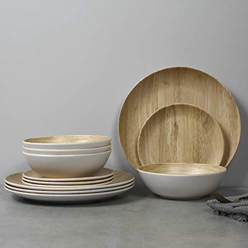 Melamine Dinnerware Set - 12pcs dinnerware set Indoor and Outdoor use, Bamboo Pattern Dishes Dinnerware Set for 4,Dishwasher Safe (Wood Grain)