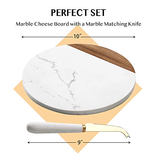 VUDECO White Marble and Acacia Wooden Cheese Board & Knife Set for Christmas Marble Tray for Meats Breads Charcuterie Round Cutting Serving Board Stainless Steel Knife - 10" Marble Slab Pastry Board