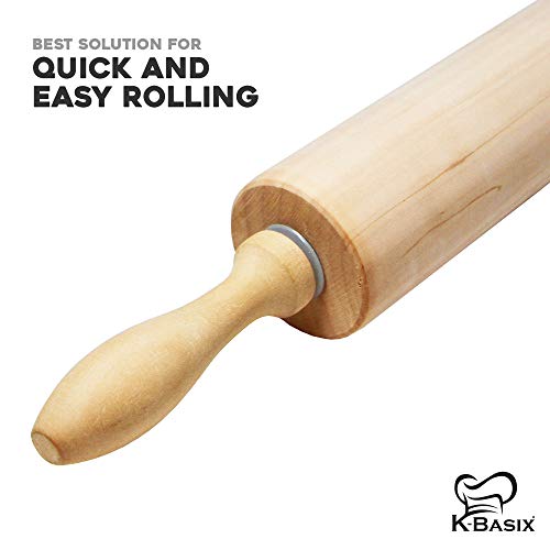 K BASIX Rolling Pin - Classic Wood - Professional Dough Roller - Used by Bakers & Cooks for Pasta, Cookie Dough, Pastry, Bakery, Pizza, Fondant, Chapati - 16.5 inches by 2.2 inches