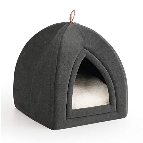 Bedsure Pet Tent Cave Bed for Cats/Small Dogs - 15x15x15 inches 2-in-1 Cat Tent/Kitten Bed/Cat Hut with Removable Washable Cushioned Pillow - Microfiber Indoor Outdoor Pet Beds, Dark Grey