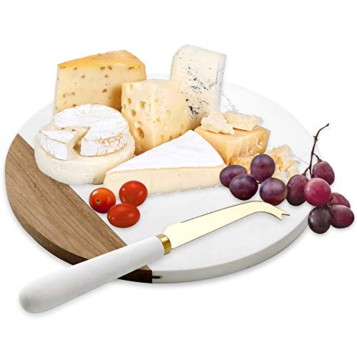 VUDECO White Marble and Acacia Wooden Cheese Board & Knife Set for Christmas Marble Tray for Meats Breads Charcuterie Round Cutting Serving Board Stainless Steel Knife - 10" Marble Slab Pastry Board