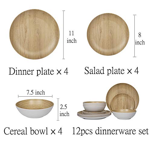 Melamine Dinnerware Set - 12pcs dinnerware set Indoor and Outdoor use, Bamboo Pattern Dishes Dinnerware Set for 4,Dishwasher Safe (Wood Grain)