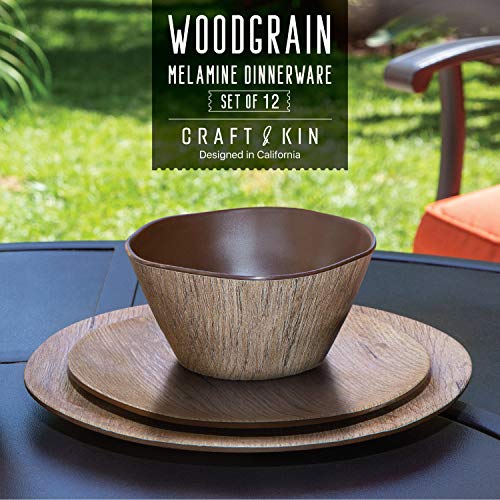 Melamine Dinnerware Set - 12 pcs Melamine Plates Outdoor Plates Summer Plates and Bowls Sets Melamine Plates Ideal Camping Dish Set Dinnerware Set for 4 Dishwasher Safe (Wood Grain)