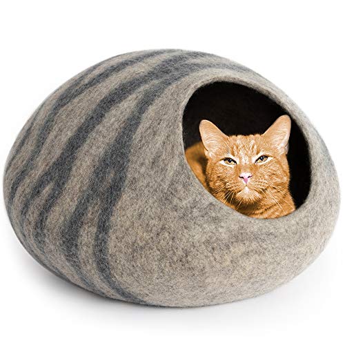 MEOWFIA Premium Felt Cat Bed Cave (Medium) - Handmade 100% Merino Wool Bed for Cats and Kittens (Light Grey/Medium)