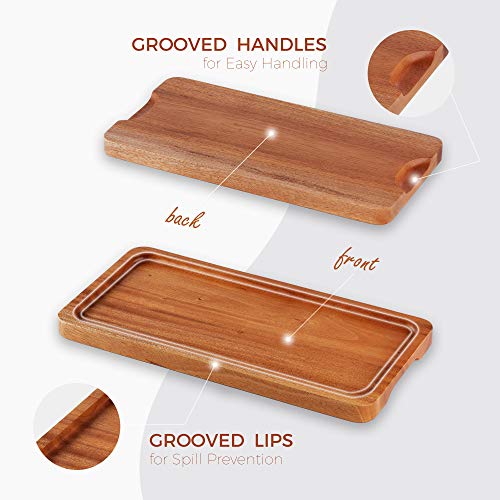 FANICHI Serving Tray and Platter Set of 4 (14" & 12") Solid Natural Wood for Food Holder/BBQ/Party Buffet, Avoid Sliding Spilling Food with Easy Carry Grooved Handle Design