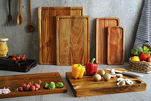 FANICHI Serving Tray and Platter Set of 4 (14" & 12") Solid Natural Wood for Food Holder/BBQ/Party Buffet, Avoid Sliding Spilling Food with Easy Carry Grooved Handle Design