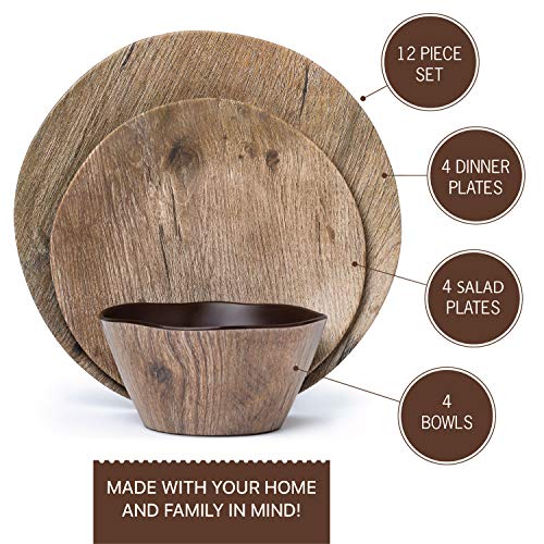 Melamine Dinnerware Set - 12 pcs Melamine Plates Outdoor Plates Summer Plates and Bowls Sets Melamine Plates Ideal Camping Dish Set Dinnerware Set for 4 Dishwasher Safe (Wood Grain)