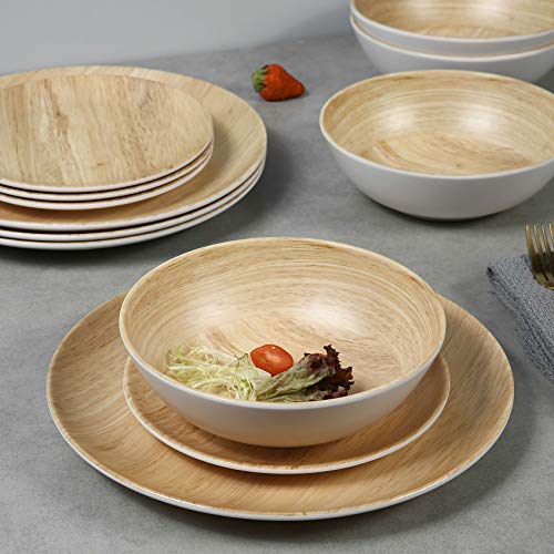 Melamine Dinnerware Set - 12pcs dinnerware set Indoor and Outdoor use, Bamboo Pattern Dishes Dinnerware Set for 4,Dishwasher Safe (Wood Grain)