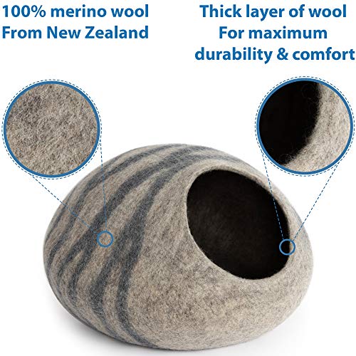 MEOWFIA Premium Felt Cat Cave Bed (Large) - Eco Friendly 100% Merino Wool Bed for Large Cats and Kittens(Large, Light Grey)