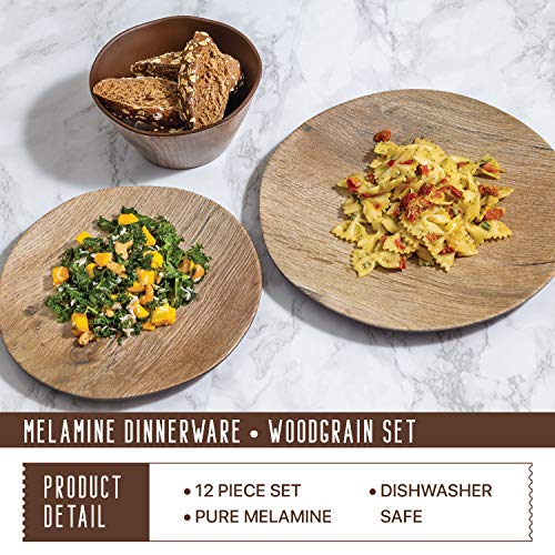 Melamine Dinnerware Set - 12 pcs Melamine Plates Outdoor Plates Summer Plates and Bowls Sets Melamine Plates Ideal Camping Dish Set Dinnerware Set for 4 Dishwasher Safe (Wood Grain)