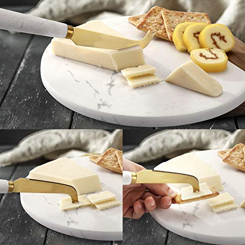 VUDECO White Marble and Acacia Wooden Cheese Board & Knife Set for Christmas Marble Tray for Meats Breads Charcuterie Round Cutting Serving Board Stainless Steel Knife - 10" Marble Slab Pastry Board