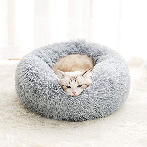 BODISEINT Modern Soft Plush Round Pet Bed for Cats or Small Dogs, Mini Medium Sized Dog Cat Bed Self Warming Autumn Winter Indoor Snooze Sleeping Cozy Kitty Teddy Kennel (M(23.6”Dx7.9 H), Light Grey)