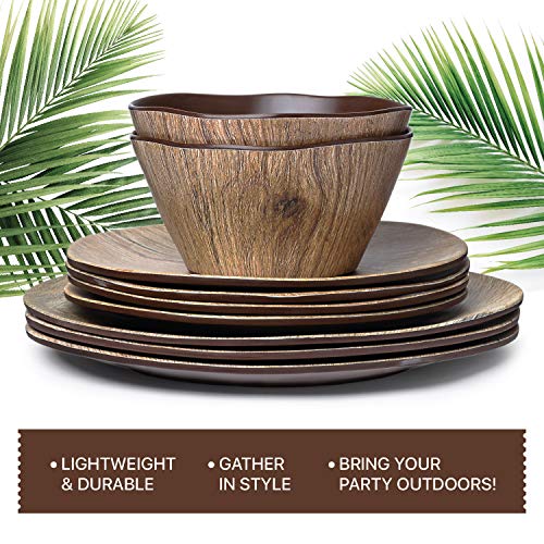 Melamine Dinnerware Set - 12 pcs Melamine Plates Outdoor Plates Summer Plates and Bowls Sets Melamine Plates Ideal Camping Dish Set Dinnerware Set for 4 Dishwasher Safe (Wood Grain)