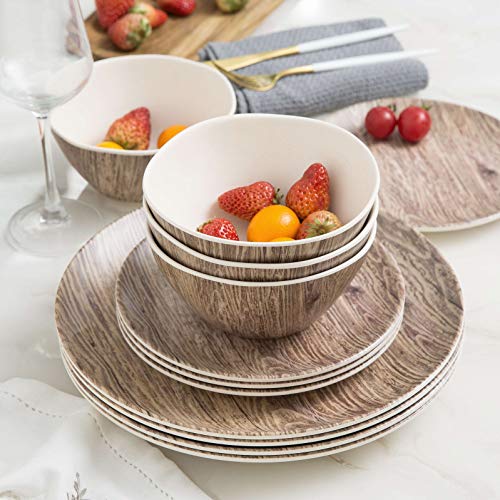 Melamine Dinnerware Sets - 12pcs Melamine Plates and Bowls Set for Indoor Outdoor Use, Dishes Set for 4, Dishwasher Safe, Wood