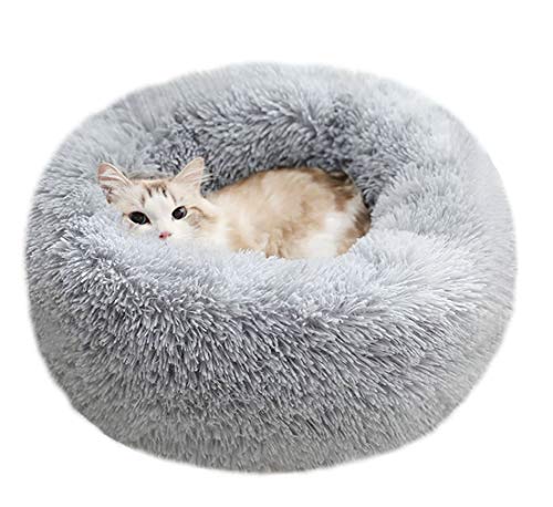 BODISEINT Modern Soft Plush Round Pet Bed for Cats or Small Dogs, Mini Medium Sized Dog Cat Bed Self Warming Autumn Winter Indoor Snooze Sleeping Cozy Kitty Teddy Kennel (M(23.6”Dx7.9 H), Light Grey)