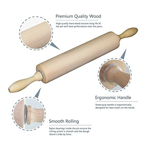 K BASIX Rolling Pin - Classic Wood - Professional Dough Roller - Used by Bakers & Cooks for Pasta, Cookie Dough, Pastry, Bakery, Pizza, Fondant, Chapati - 16.5 inches by 2.2 inches