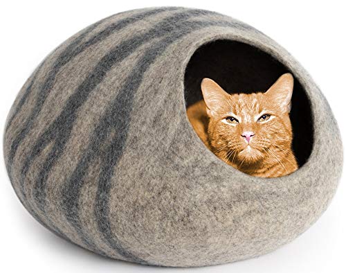 MEOWFIA Premium Felt Cat Cave Bed (Large) - Eco Friendly 100% Merino Wool Bed for Large Cats and Kittens(Large, Light Grey)