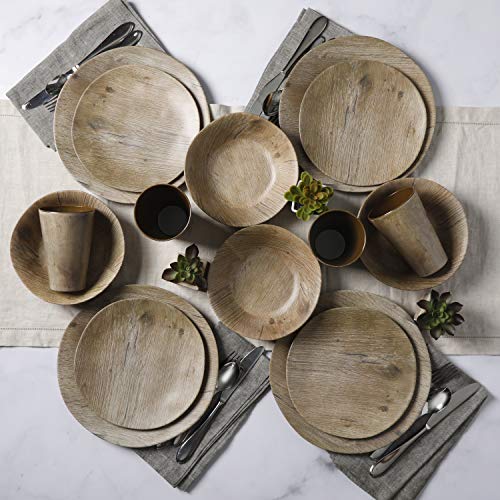 Gibson Home Woodlands Round Melamine Dinnerware Set, Service for Four (16pcs), Wood