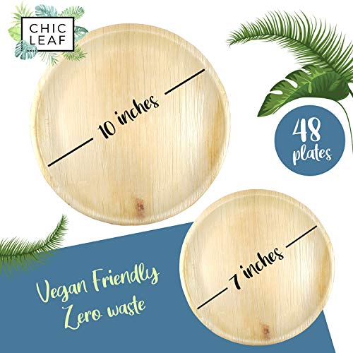 Chic Leaf Palm Leaf Plates Disposable Bamboo Plates Like 10 Inch & 7 Inch Round Party Pack (48 pk) Compostable and Biodegradable - Better than Plastic, Paper and Wood Plates