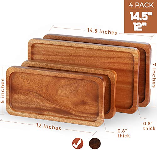 FANICHI Serving Tray and Platter Set of 4 (14" & 12") Solid Natural Wood for Food Holder/BBQ/Party Buffet, Avoid Sliding Spilling Food with Easy Carry Grooved Handle Design