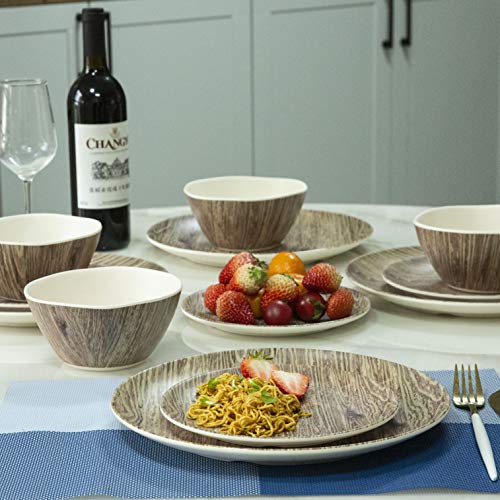 Melamine Dinnerware Set - 12pcs Plates and Bowls Set Outdoor Camping Dishes Set for 4, Dishwasher Safe, Wood Grain