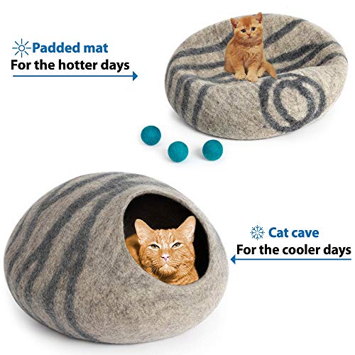 MEOWFIA Premium Felt Cat Cave Bed (Large) - Eco Friendly 100% Merino Wool Bed for Large Cats and Kittens(Large, Light Grey)