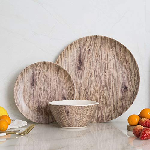 Melamine Dinnerware Sets - 12pcs Melamine Plates and Bowls Set for Indoor Outdoor Use, Dishes Set for 4, Dishwasher Safe, Wood