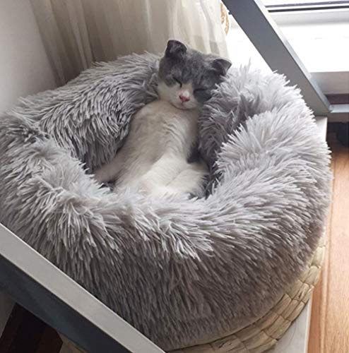 BODISEINT Modern Soft Plush Round Pet Bed for Cats or Small Dogs, Mini Medium Sized Dog Cat Bed Self Warming Autumn Winter Indoor Snooze Sleeping Cozy Kitty Teddy Kennel (M(23.6”Dx7.9 H), Light Grey)