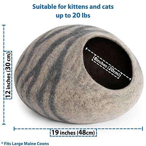 MEOWFIA Premium Felt Cat Cave Bed (Large) - Eco Friendly 100% Merino Wool Bed for Large Cats and Kittens(Large, Light Grey)