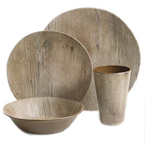 Gibson Home Woodlands Round Melamine Dinnerware Set, Service for Four (16pcs), Wood