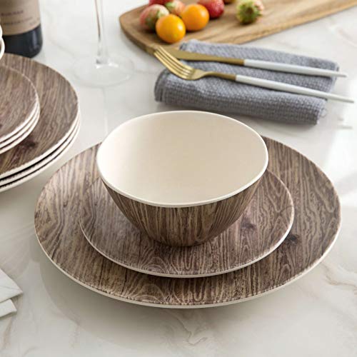 Melamine Dinnerware Set - 12pcs Plates and Bowls Set Outdoor Camping Dishes Set for 4, Dishwasher Safe, Wood Grain