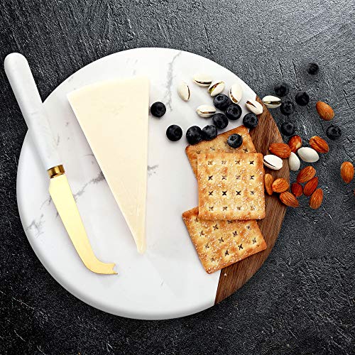 VUDECO White Marble and Acacia Wooden Cheese Board & Knife Set for Christmas Marble Tray for Meats Breads Charcuterie Round Cutting Serving Board Stainless Steel Knife - 10" Marble Slab Pastry Board